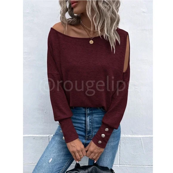 Burgundy One Cold Shoulder Asymmetric Boat Neck Long Sleeve Tee Shirt - Picture 2 of 9